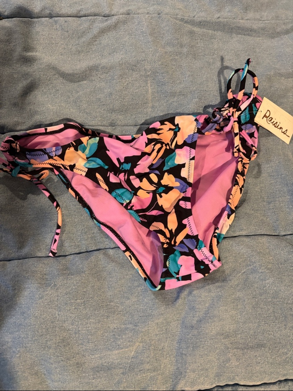 NWT Raisins Black Floral Tie-Side Bikini Bottoms with Pink & Teal Accents large